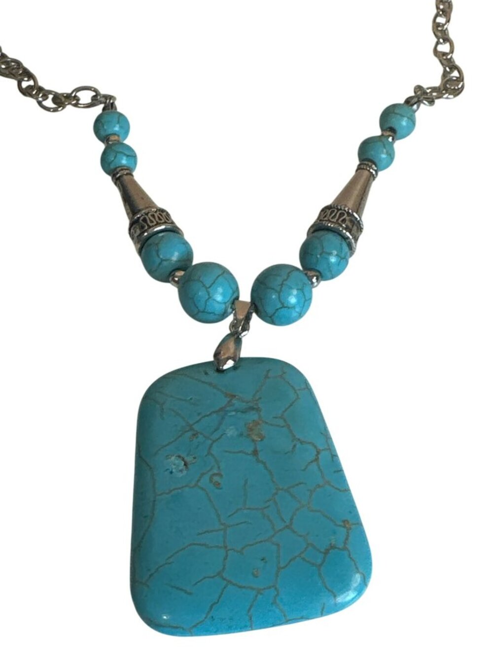 Turquoise Pendant Necklace Beaded Accents Silver-Tone Boho Southwestern Western
